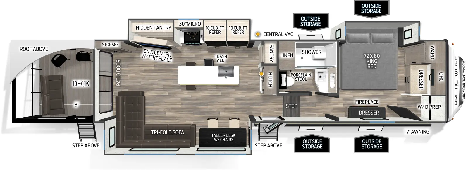 The Arctic Wolf 3800DECK floorplan has two entries and three slide outs. Exterior features include: fiberglass exterior and 17' awning. Interiors features include: kitchen island, free-standing dinette option and front bedroom.